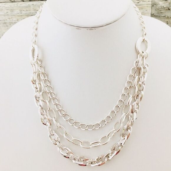 Bright Silver Layered Bib Statement Multi strand Necklace 1031 - Picture 2 of 3